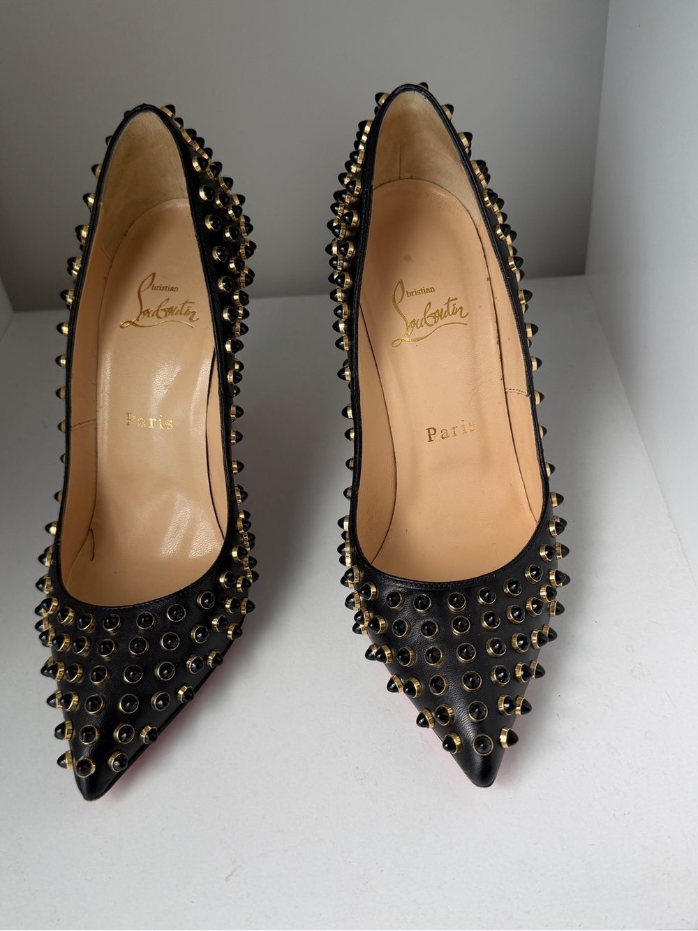 Christian Louboutin Black Leather Pointed-Toe Pumps with Gold Studs